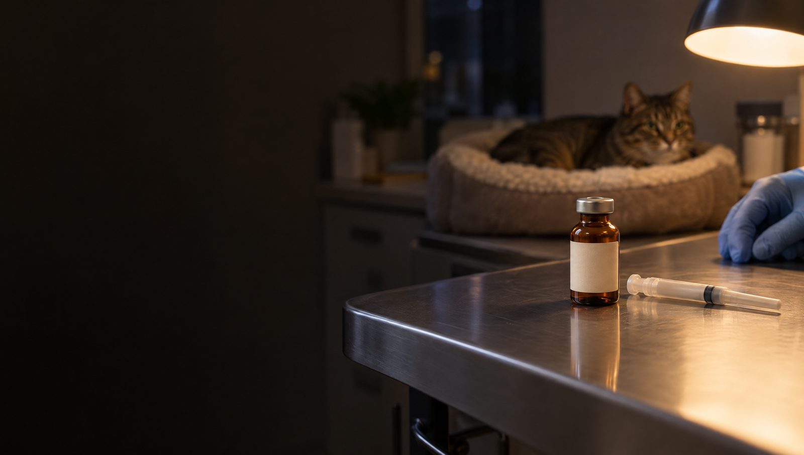 A small blank-labeled vial and a capped syringe on a steel counter under a warm lamp, a cat resting in the background